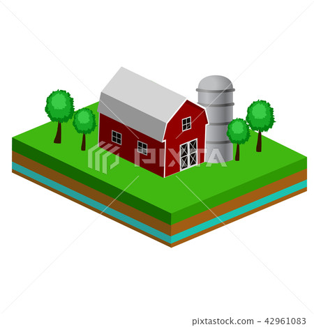 Isometric Red Barn And Trees cows vector illustration 42961083