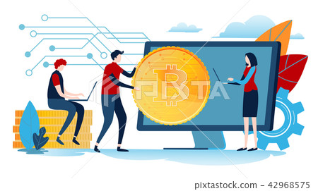 Digital currency. Miniature people with big coin. Digital currency. Miniature people with big coin. 42968575