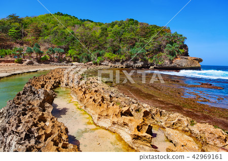 Beach lagoon separated from sea by reef barrier Beach lagoon separated from sea by reef barrier 42969161