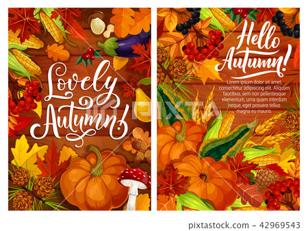 Hello autumn posters with harvest and fall leaves 42969543