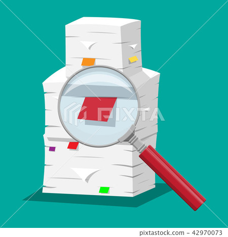Office documents heap and magnifying glass. 42970073