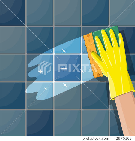 Hand in gloves with sponge wash wall Hand in gloves with sponge wash wall 42970103