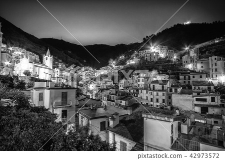 Riomaggiore village at night black and white Riomaggiore village at night black and white 42973572