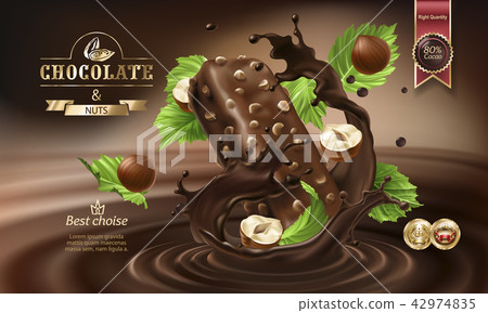 Splashes of melted chocolate and chocolate bar. Splashes of melted chocolate and chocolate bar. 42974835