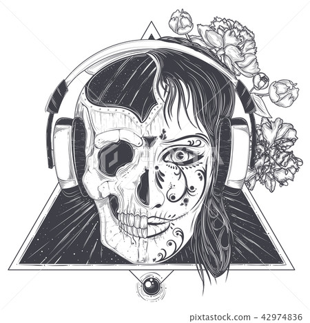 Womans head with half face skull engraved Womans head with half face skull engraved 42974836