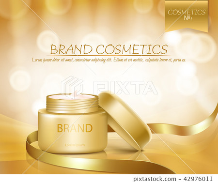 Gold jar with open lid is full of cosmetic cream 42976011