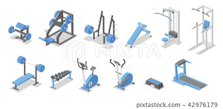Training apparatus for the gym. Isometric set of fitness equipment symbols. Flat vector illustration 42976179