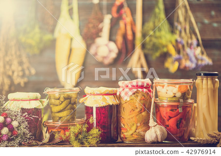 Pickled Marinated Fermented vegetables on shelves Pickled Marinated Fermented vegetables on shelves 42976914