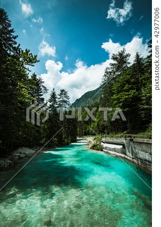 Emerald green water of Soca river, Slovenia 42977006