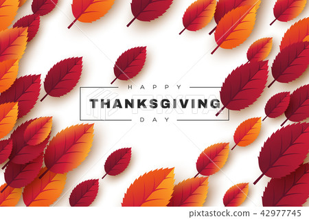 Happy Thanksgiving holiday design with bright autumn leaves and greeting text. White background 42977745