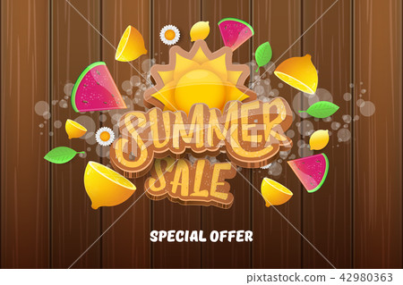 vector sammer sale horizontal banner with text, summer green grass, flying fresh lemons, flowers and 42980363