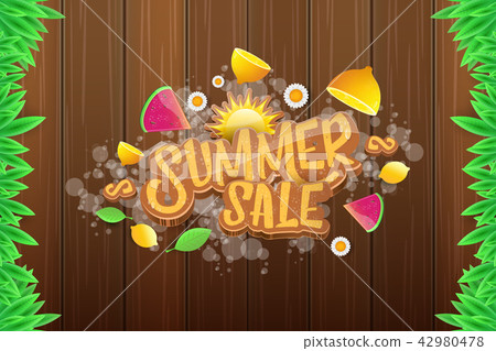 vector sammer sale horizontal banner with text, summer green grass, flying fresh lemons, flowers and 42980478