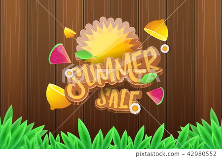 vector sammer sale horizontal banner with text, summer green grass, flying fresh lemons, flowers and 42980552
