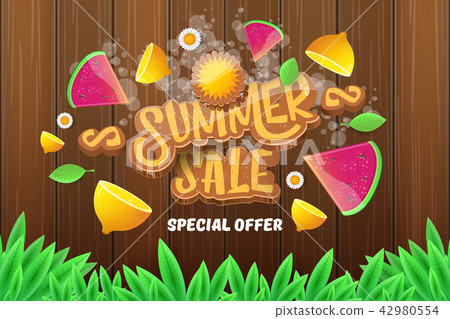 vector sammer sale horizontal banner with text, summer green grass, flying fresh lemons, flowers and 42980554