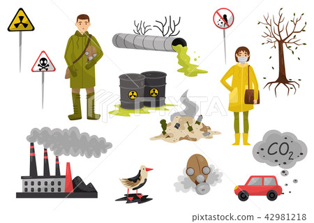 Environmental pollution problems set, pollution of air and water, deforestation, warning signs Environmental pollution problems set, pollution of air and water, deforestation, warning signs 42981218