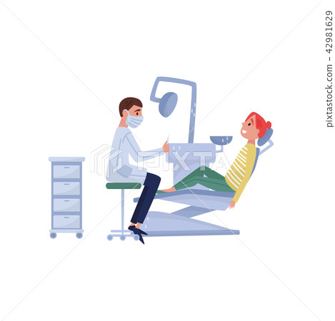 Male dentist doctor curing teeth to female patient in clinic, medical treatment and healthcare 42981629