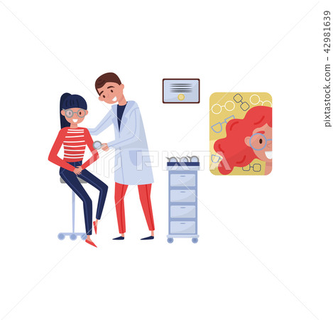 Female doctor ophthalmologist helping girl patient with diopters glasses selection, medical 42981639