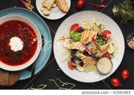 Lunch at restaurant, two courses, top view 42983965