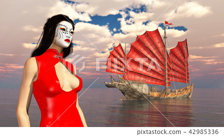 Asian woman with theatrical makeup and junk ship 42985336