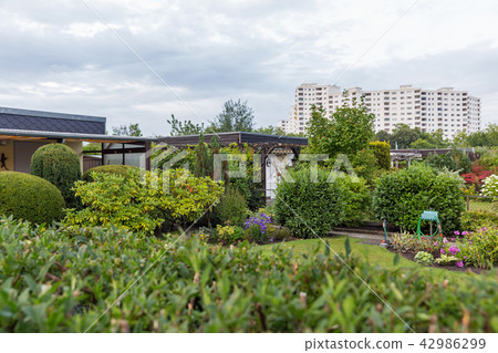 garden houses on private plots in a suburb of city garden houses on private plots in a suburb of city 42986299