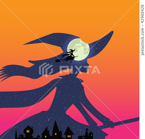 Halloween: witch flies on broomstick, full moon 42988426