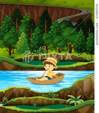 Boy in a row boat on a stream 42989564