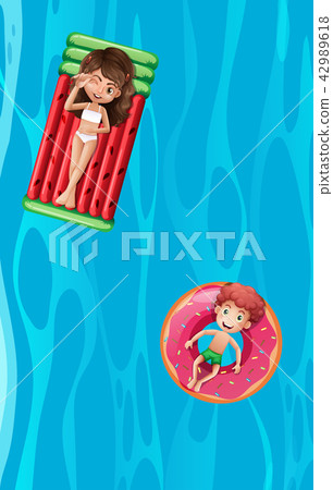 Two children relaxing on inflatables Two children relaxing on inflatables 42989618