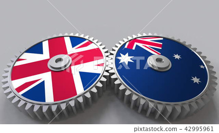 Flags of the United Kingdom and Australia on meshing gears. International cooperation conceptual 3D Flags of the United Kingdom and Australia on meshing gears. International cooperation conceptual 3D 42995961