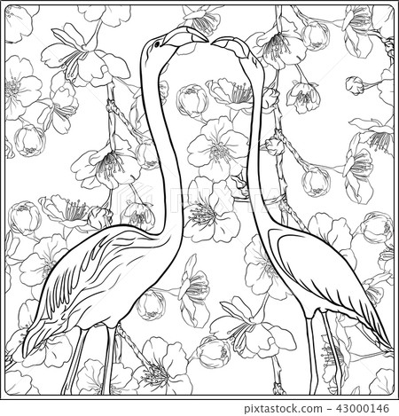 Flamingo in fantasy flower garden. Flamingo in fantasy flower garden. 43000146