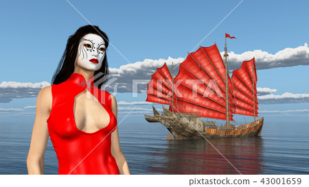 Asian woman with theatrical makeup and junk ship 43001659