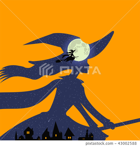 Halloween: witch flies on broomstick, full moon 43002588