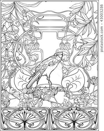 Poster with decorative flowers and carp fish in art nouveau style. Page for the adult coloring book 43003286