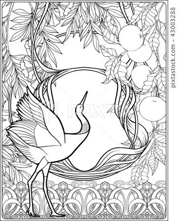Poster with decorative flowers and carp fish in art nouveau style. Page for the adult coloring book 43003288