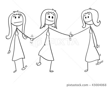 Cartoon of Homosexual Couple of Two Lesbian Women Walking and Holding Hands, One of Them is Also