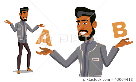Arab Man Comparing A With B Vector. Balance Of Mind And Emotions. Client Choice. Compare Objects 43004418