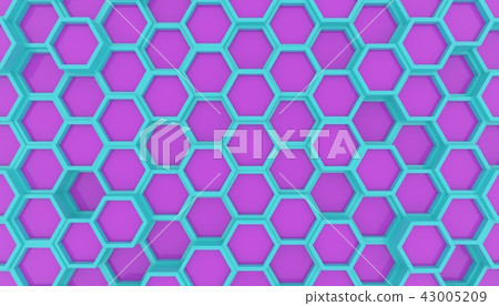 Illustration design of geometric hexagon surface. Grid pattern of waving hexagones. Cyan and Violet Illustration design of geometric hexagon surface. Grid pattern of waving hexagones. Cyan and Violet 43005209