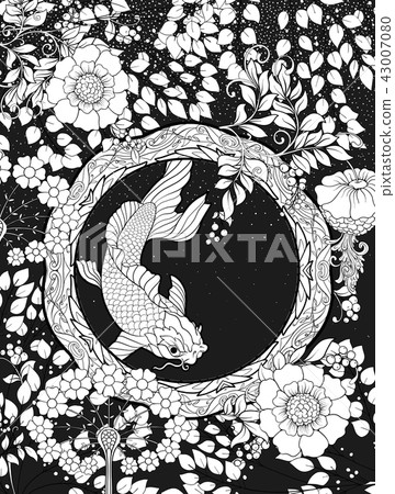 Poster, background with decorative flowers and carp  fish in art nouveau style. 43007080
