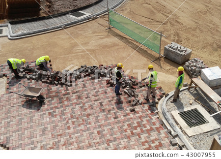 Construction workers installing concrete pavers 43007955