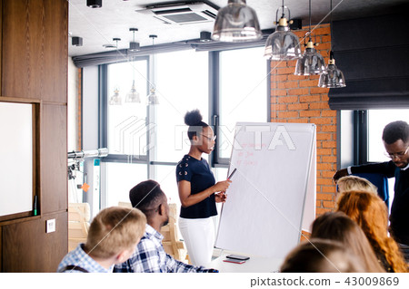 chief of team pointing at flipchart and explaining the structure of business 43009869