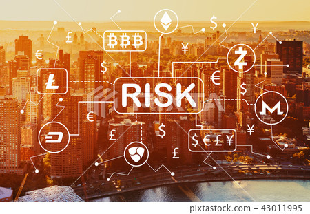 Cryptocurrency risk theme with aerial view of NY skyline Cryptocurrency risk theme with aerial view of NY skyline 43011995