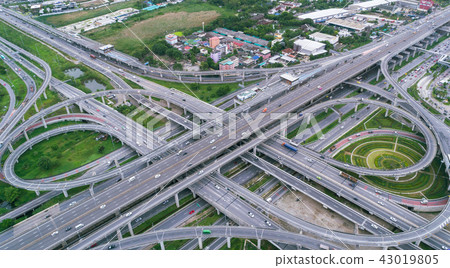 Aerial view highway road intersection. Aerial view highway road intersection. 43019805