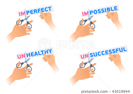 Hand with a scissors cuts a demotivation phrase. 43019944