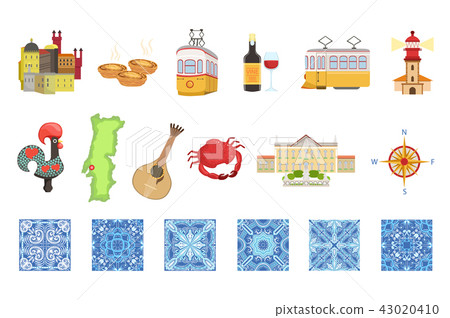 Portugal icons set. Portuguese national traditional symbols and objects. 43020410