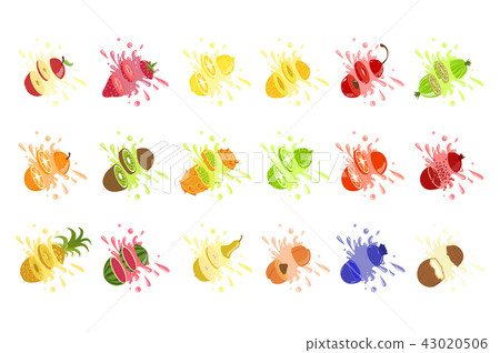 Set of fruit juice splash . Pineapple, strawberry, watermelon, mango, peach, blackberry, raspberry 43020506
