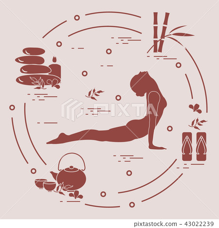Woman yoga pose, bamboo and various tools for Woman yoga pose, bamboo and various tools for 43022239
