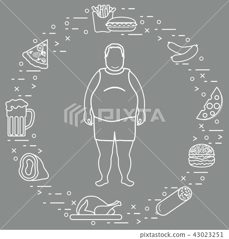Fat man with unhealthy lifestyle symbols around Fat man with unhealthy lifestyle symbols around 43023251