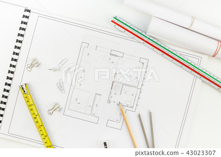 Interior designer table workplace with house plan 43023307