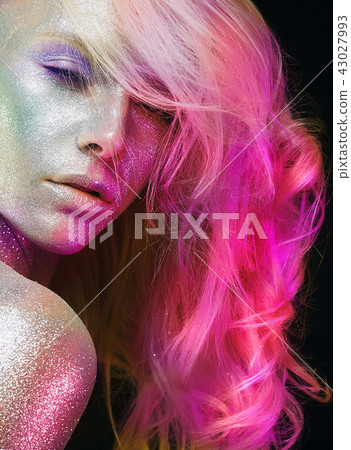 Beautiful Girl with Colorful Hair and Sparkles Beautiful Girl with Colorful Hair and Sparkles 43027993