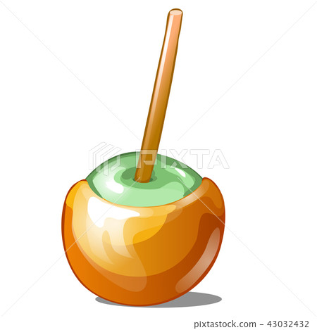Single candy apple dipped in caramel with stick isolated on white background. Handmade sweetness is Single candy apple dipped in caramel with stick isolated on white background. Handmade sweetness is 43032432