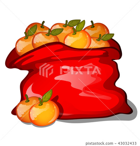 Red bag filled with ripe tangerines isolated on white background. Vector cartoon close-up Red bag filled with ripe tangerines isolated on white background. Vector cartoon close-up 43032433